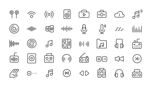Variety of audio-related vector icons displayed in a clean and organized grid layout.