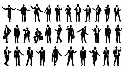 A collection of black silhouette figures depicting various business professionals in dynamic and diverse poses
