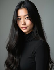 Naklejka premium Young asian woman with long, dark, shiny wavy hair. She wears a black turtleneck shirt. Her face shows soft features and a gentle smile. The background is a plain gray studio wall.