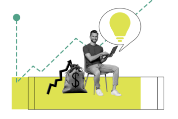 Trend artwork sketch design montage 3D collage of trader business charts idea lamp creative speech cloud young guy sit chair money bag