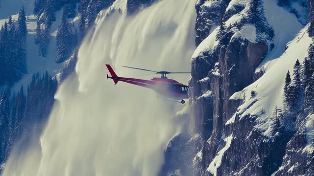 Helicopter hovering inches from cliff, snow blasting sideways, intense turbulence, 4K loop, 2026