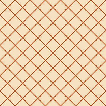 Seamless geometric diamond grid pattern with orange thin lines on a light beige background. Minimalist trellis ornament for classic wallpaper, textile, and elegant surface design