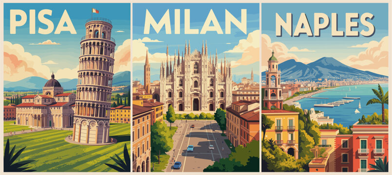 Retro-style triptych poster featuring Pisa, Milan, and Naples with iconic architecture, scenic views, and warm vintage colors.