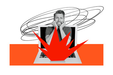 Composite photo collage of upset guy bite fingers peek laptop screen device flash broke touchpad...