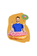 Vertical photo collage of happy man hola cutlery fork knife peek donut dessert dream cupcake hunger food isolated on painted background © deagreez
