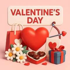3D Valentines Day composition with red heart, shopping bag, daisies, chocolates, gift box and Cupid arrow on pink background.