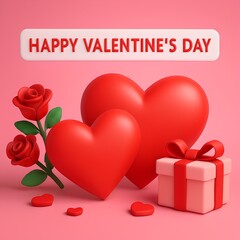 Valentines Day banner with red hearts, roses, pink gift box and festive text on soft pink background.