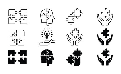 Fototapeta premium Vector illustration set featuring puzzle pieces and hands for problem-solving concepts.