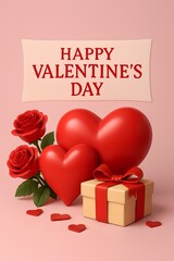 Valentines Day banner with red hearts, roses, beige gift box and festive text on soft pink background.