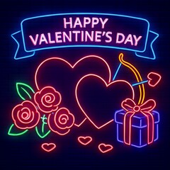 Neon-style Valentines Day banner with glowing hearts, roses, gift box, Cupid arrow and festive greeting.