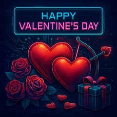 Neon-style Valentines Day banner with glowing hearts, roses, gift box and digital background.