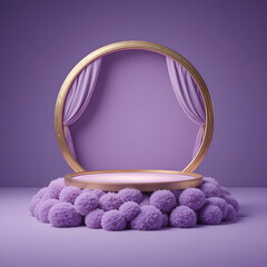 Luxurious Golden Circle Pedestal with Purple Pompoms and Curtains on Soft Background