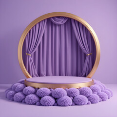 Elegant purple stage with golden frame and draped curtains for theater, performance, or luxury event backdrop