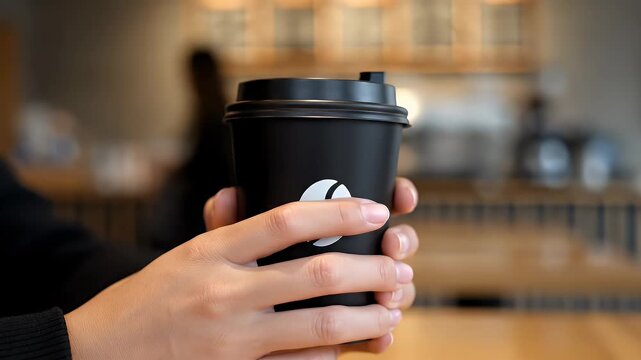 Close up of hands holding black coffee cup with white logo in cafe with blurred background
