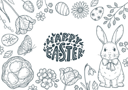 Hand drawn Easter frame with eggs, bunny, spring flowers and Happy Easter lettering. Vector drawing illustration.