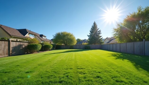 Empty green backyard with mowed lawn, manicured hedges, wooden fence, and clear blue sky. Sun shines brightly over suburban homes. Peaceful daytime scene.