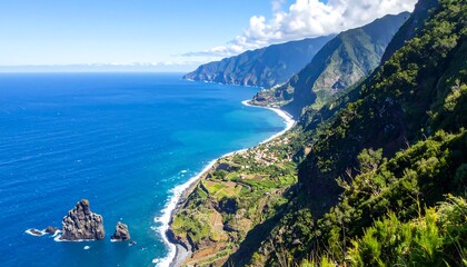 Fototapeta premium A coastal landscape featuring rugged cliffs cascading down to a tranquil ocean and a small village nestled along the shoreline