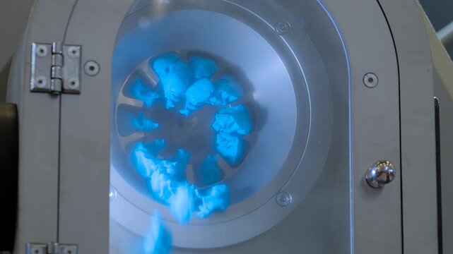 Molten plastic extruder - blue propylene or polyethylene extrusion forming inside a plastic recycling machine - close up. Industrial recycling process, waste reduction, and sustainability concept