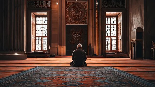 Solitary Muslim Prayer Inside Grand Mosque Interior with Sunlight