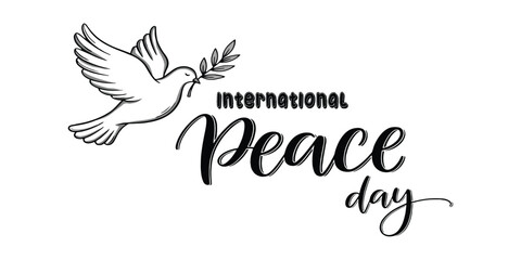 Fototapeta premium Hand drawn style International Peace Day illustration with dove and artistic lettering. Ideal for creative posters, prints, cultural events, and awareness campaigns.