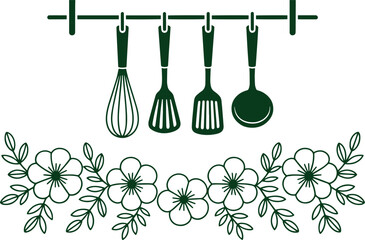 Hanging Kitchen Utensils Above Floral Border cooking