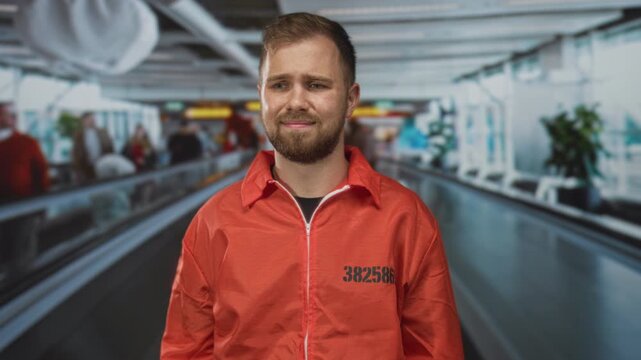 Man prisoner with beard in orange jumpsuit standing in airport terminal, frowning and looking sideways; unease.