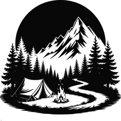 Hiking camping vector illustration designed for mountain travel, outdoor activities and adventure themed graphics.