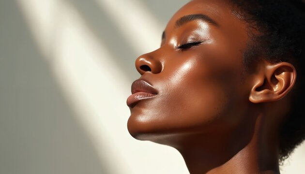 Close up profile of African American woman with radiant, hydrated melanin skin in soft natural light. Eyes closed in peacefulness, lips slightly parted showing smooth texture. Healthy face with