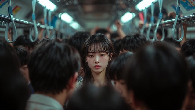 Depressed young Asian woman standing alone in a crowded subway train, cinematic lighting, urban rush hour commute and loneliness, mental health concept, bokeh background.