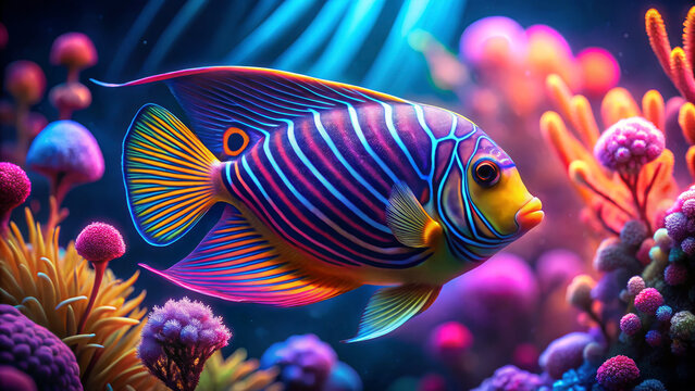 Futuristic neon royal angelfish glowing among colorful corals in vibrant cinematic underwater fantasy scene