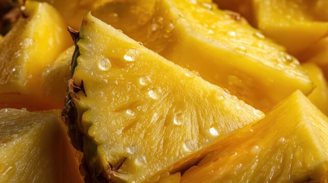 Close-up of fresh pineapple slices with juicy texture.