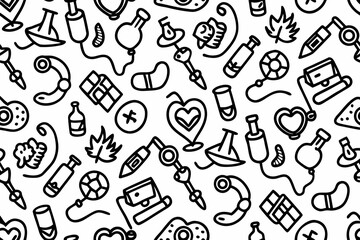 Black and white medical doodle seamless pattern with various healthcare