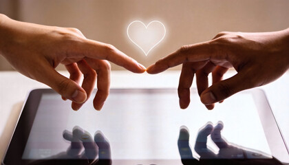 This high-quality conceptual image features two individuals connecting through a delicate touch of their fingertips on a polished, reflective glass table. A luminous, digital holographic heart icon is