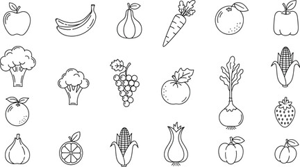 Obraz premium Grid of 20 black-and-white line icons of fruits and vegetables for food, nutrition, and educational visuals