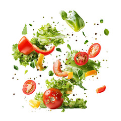 Flying Salad Ingredients with Tomatoes and Peppers isolated on a transparent background