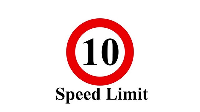 Speed Limit 10  ,Shin Tomei expressway speed limit 10 road sign ,Maximum Speed 10 road sign, regulatory notice against a deep white background Maximum velocity 10 miles board appearing. 4k video.