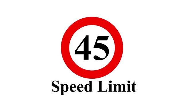 45 Speed Limit Sign ,Shin Tomei expressway speed limit 45 road sign ,Maximum Speed 45 road sign, regulatory notice against a deep white background Maximum velocity 45 miles board appearing. 4k video.