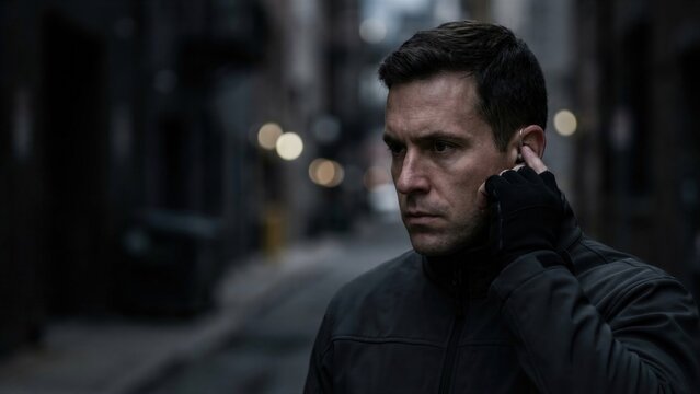 Caucasian man, a security agent, listening to earpiece in an urban alleyway. Concept of surveillance, protection, and tactical operation
