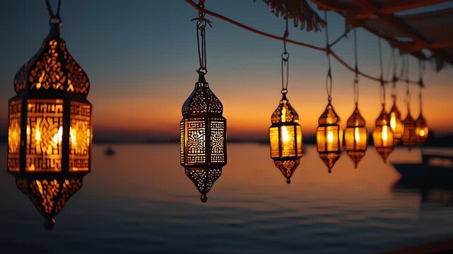 Row of Traditional Arabic Lanterns Hanging Over Water at Sunset