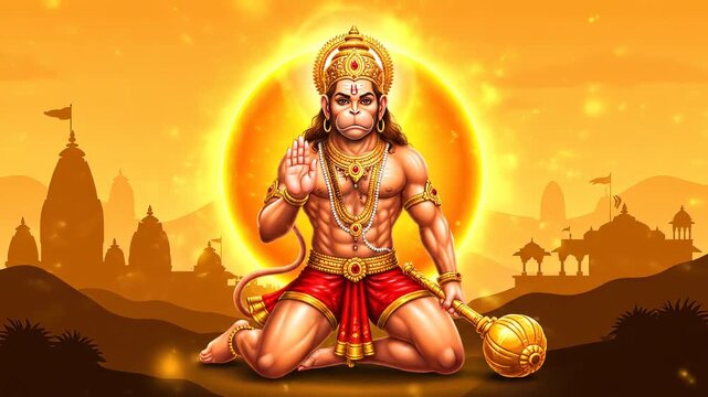 Lord Hanuman Jayanti Devotional Animation with Gada Blessing Pose and Divine Golden Aura Background