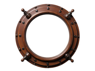 A wooden porthole with rivets and bolts, suitable for nautical or industrial scenes