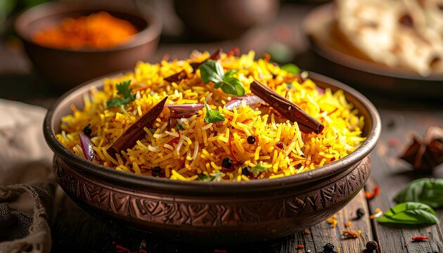 Traditional Biryani Served in Metal Bowl with Fresh Garnishes and Rustic Presentation