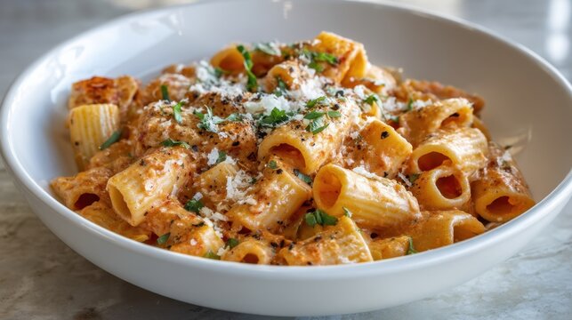 Creamy rigatoni pasta with tomato sauce and fresh herbs.