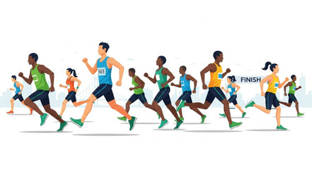 Diverse group of athletes running a race towards the finish line.