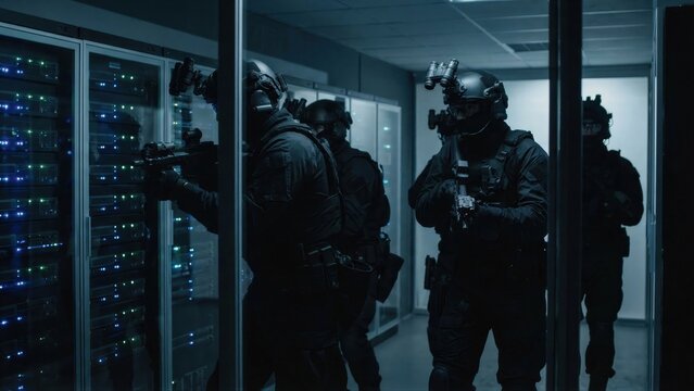 Tactical swat team members in full gear patrolling a data server room. Elite military police unit protecting critical digital infrastructure for security concept