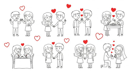 Fototapeta premium Cute Couple Illustrations with Hearts.