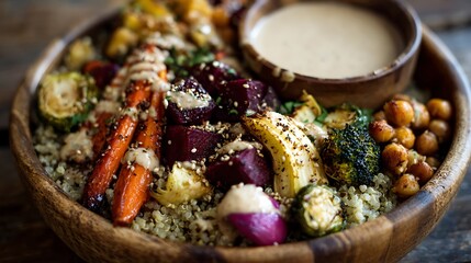 A vegan Buddha bowl with quinoa and roasted veggies