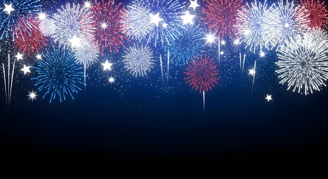 Vibrant fireworks display in red, white and blue for patriotic USA celebration, festive night sky background for Independence Day, Memorial Day and national holidays