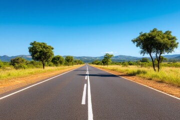 Fototapeta premium Serene Rural Road Stretching Through Open Landscape Under Clear Blue Sky