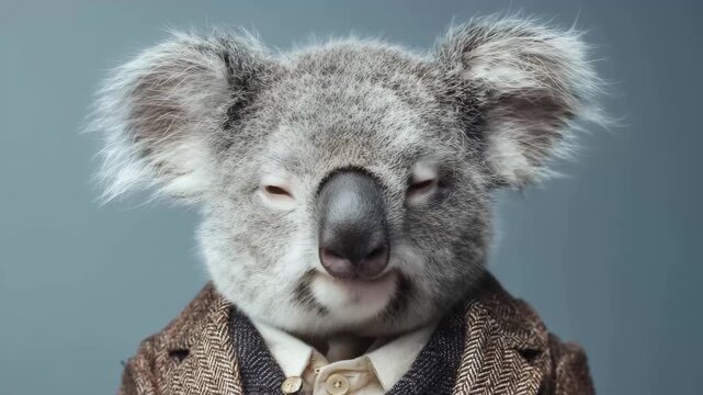 A koala bear wearing a suit and tie, standing upright with a serious expression against a neutral background.